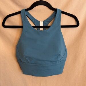 Lululemon Women's 8 Wunder Train Longline Bra in Capture Blue.